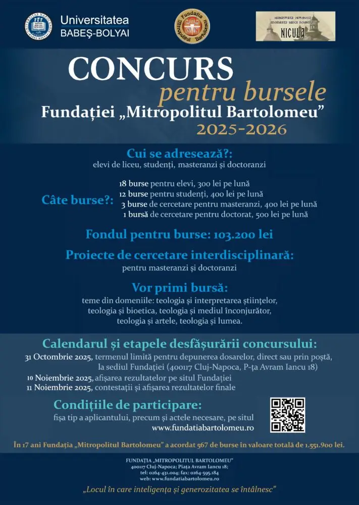 34 de burse oferite prin concurs de Fundaţia „Mitropolitul Bartolomeu” pentru anul şcolar şi universitar 2025-2026