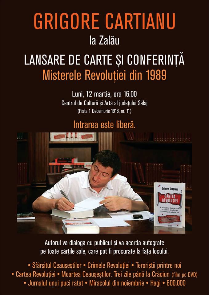 Lansare de carte Grigore Cartianu, luni, 12 martie, la Centrul de Cultură și Artă al Județului Sălaj