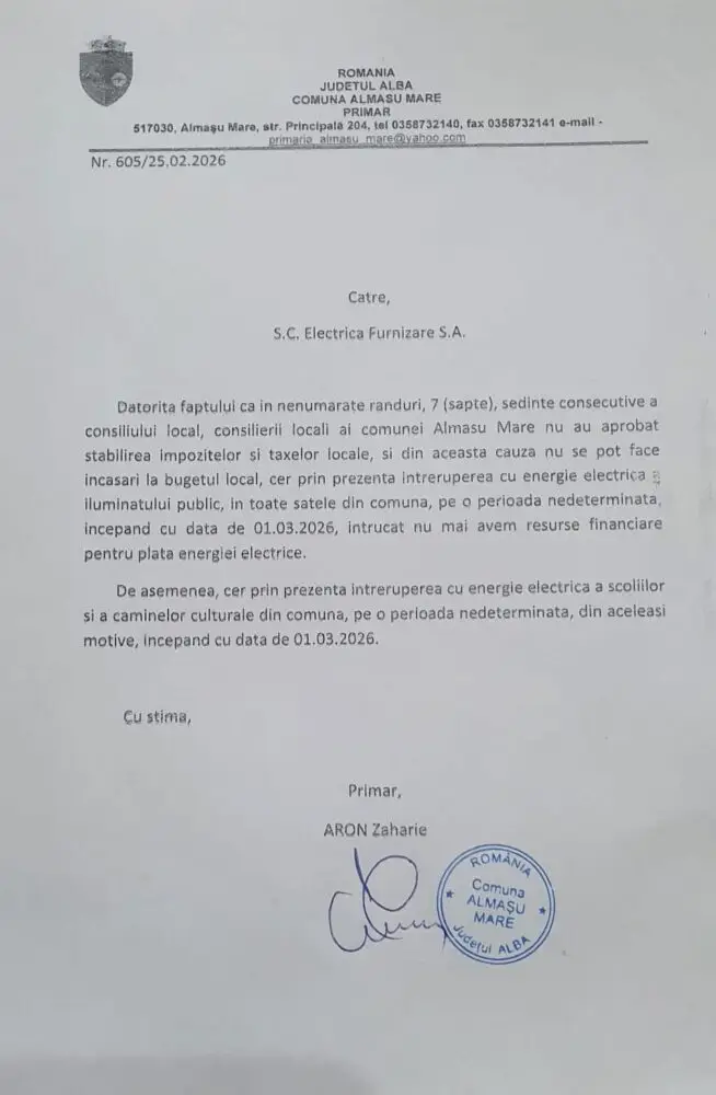 Așa da, primar! Cere la Electrica Furnizare să taie curentul de la toate școlile, căminele culturale și iluminatul public, din toate satele comunei Almaşu Mare!