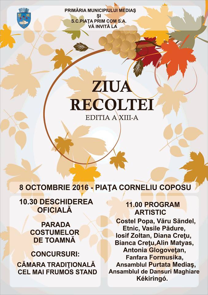 Ziua Recoltei 2016 la Mediaș (sâmbătă, 8 octombrie)
