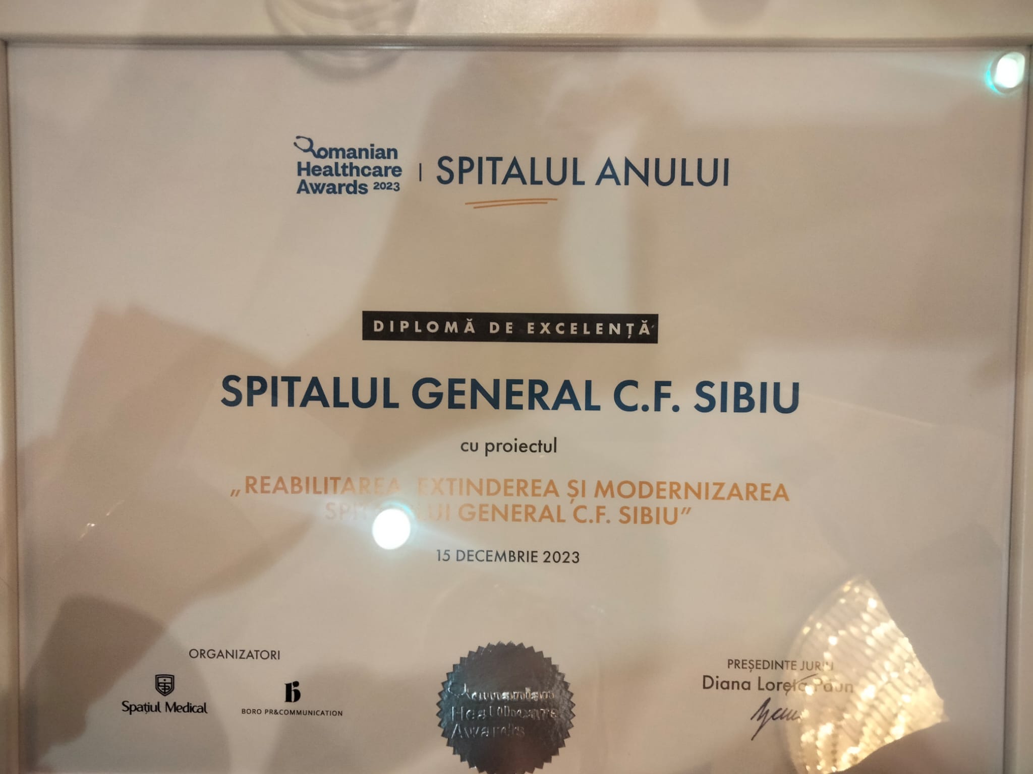 Diplomă de excelență pentru Spitalul General C.F. Sibiu