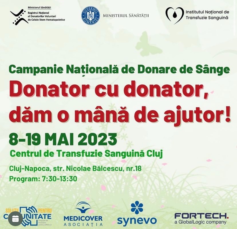 Campanie națională de donare de sânge „Donator cu donator, dăm o mână de ajutor!”, până în 19 mai la Cluj-Napoca