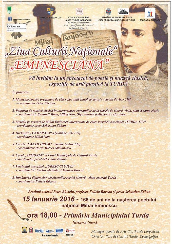“EMINESCIANA” – spectacol de poezie şi muzică clasică la Primăria Municipiului Turda