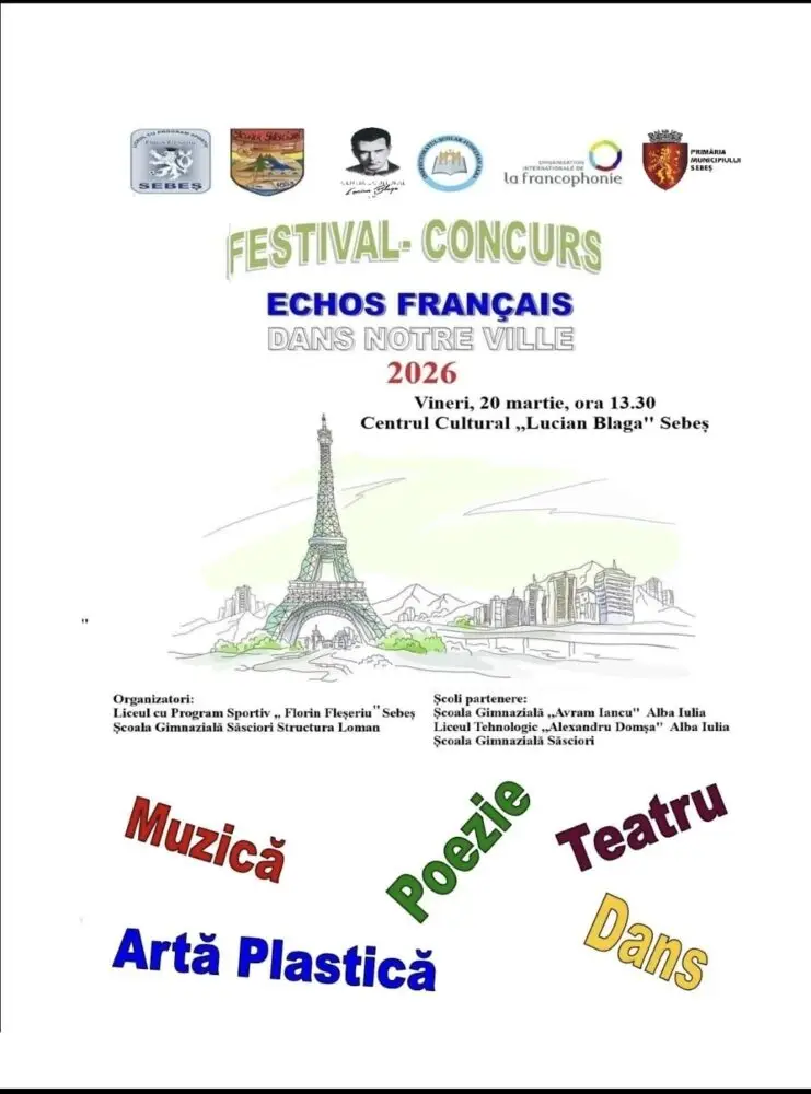 Concursul „Echos français dans notre ville” va avea loc azi, 20 martie 2026, pe scena Centrului Cultural „Lucian Blaga” Sebeș.